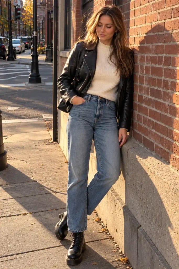 Cream sweater with jeans and a leather