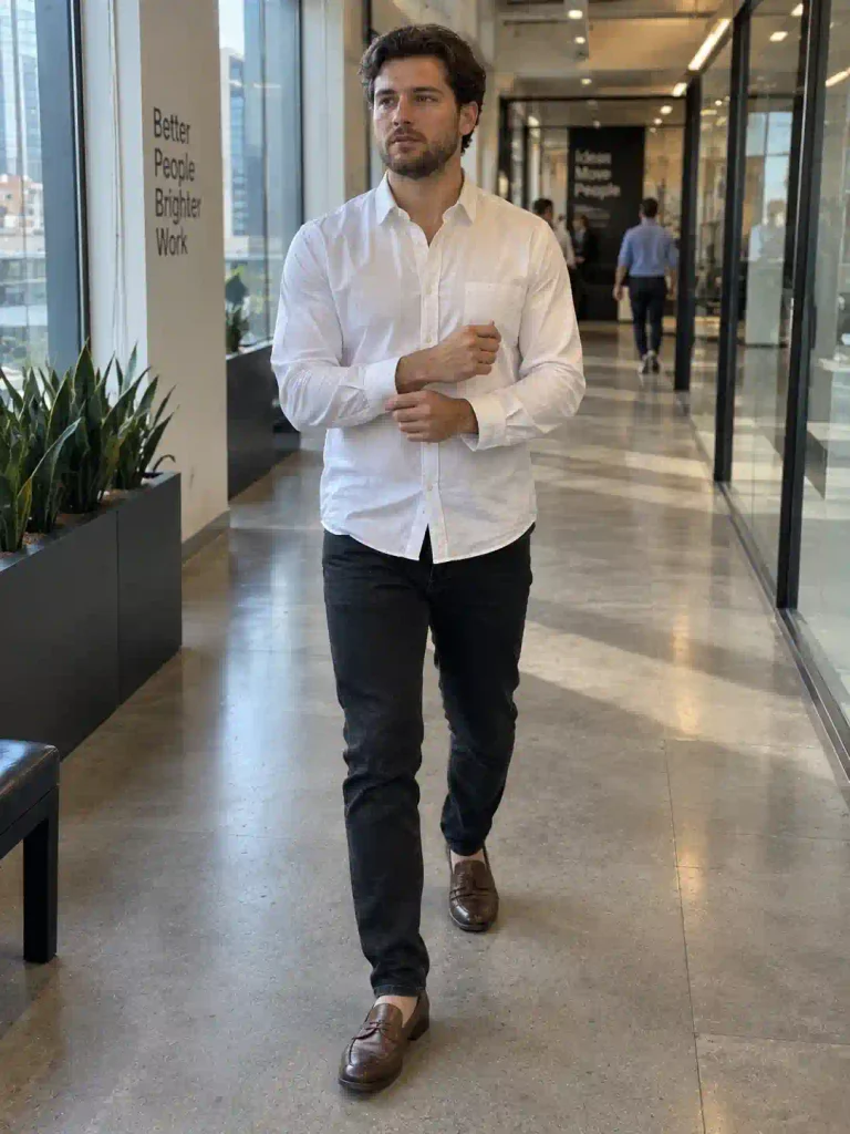 A real American man stands at a street corner waiting to cross, wearing a navy wool-blend blazer with natural creasing across the shoulders over a plain white tee, black jeans with a clean taper, white sneakers with light natural wear. He looks down the street checking for traffic, one hand adjusting his blazer lapel. Natural skin tone and texture, realistic hands. Shot on an iPhone in bright but soft daylight, background shows a busy city crosswalk with blurred cars and pedestrians, natural imperfect off-center composition.