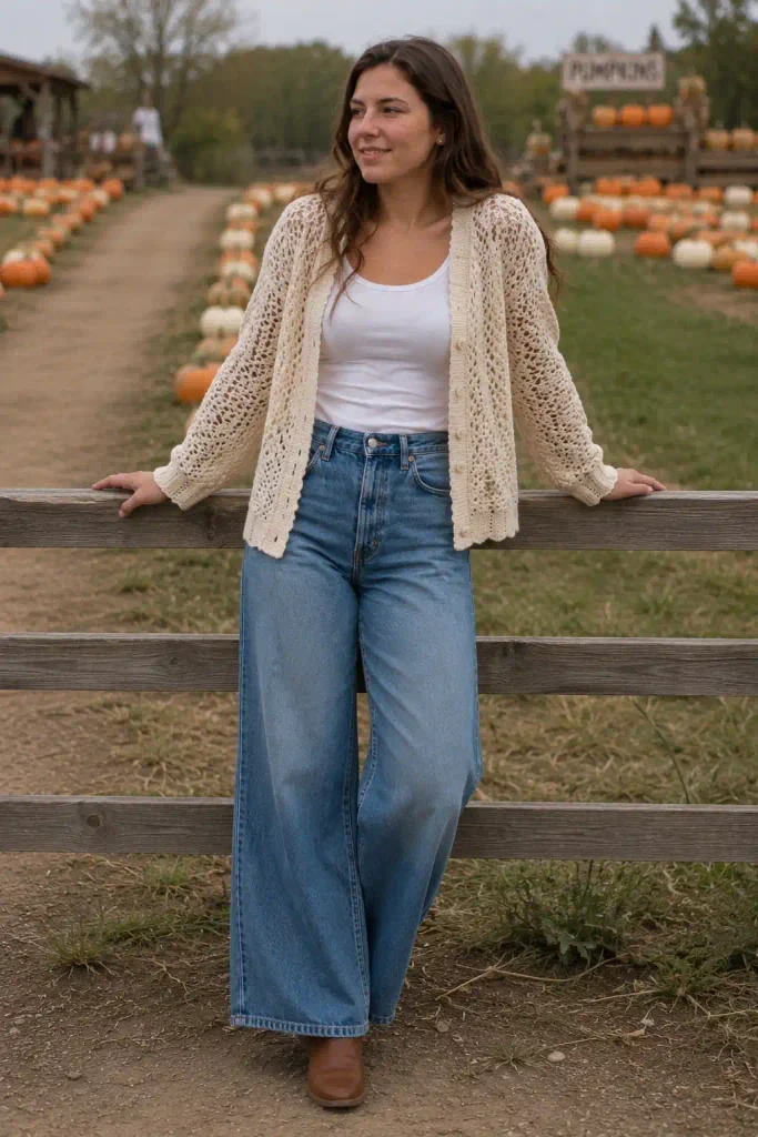 Crochet cardigan with wide-leg jeans