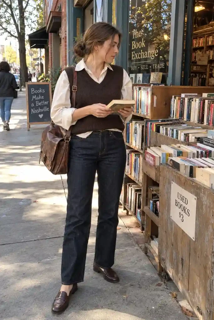 Dark raw denim, brown vest, and loafers