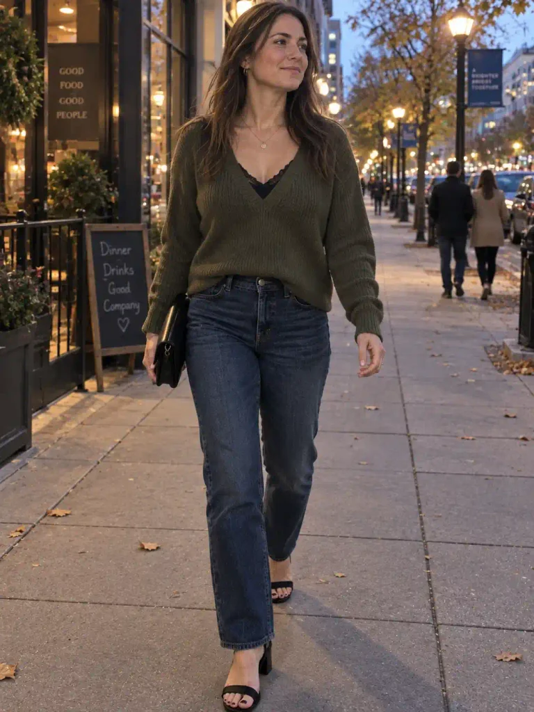 Deep V-neck sweater layered