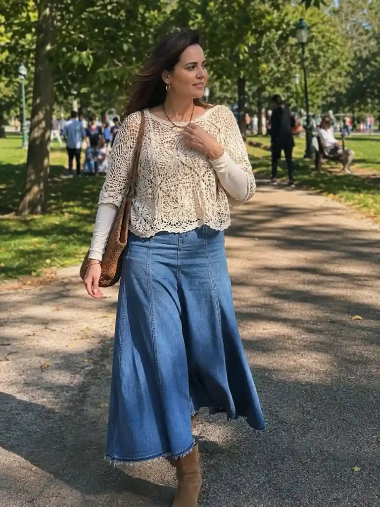 17. Denim maxi skirt with a crochet top