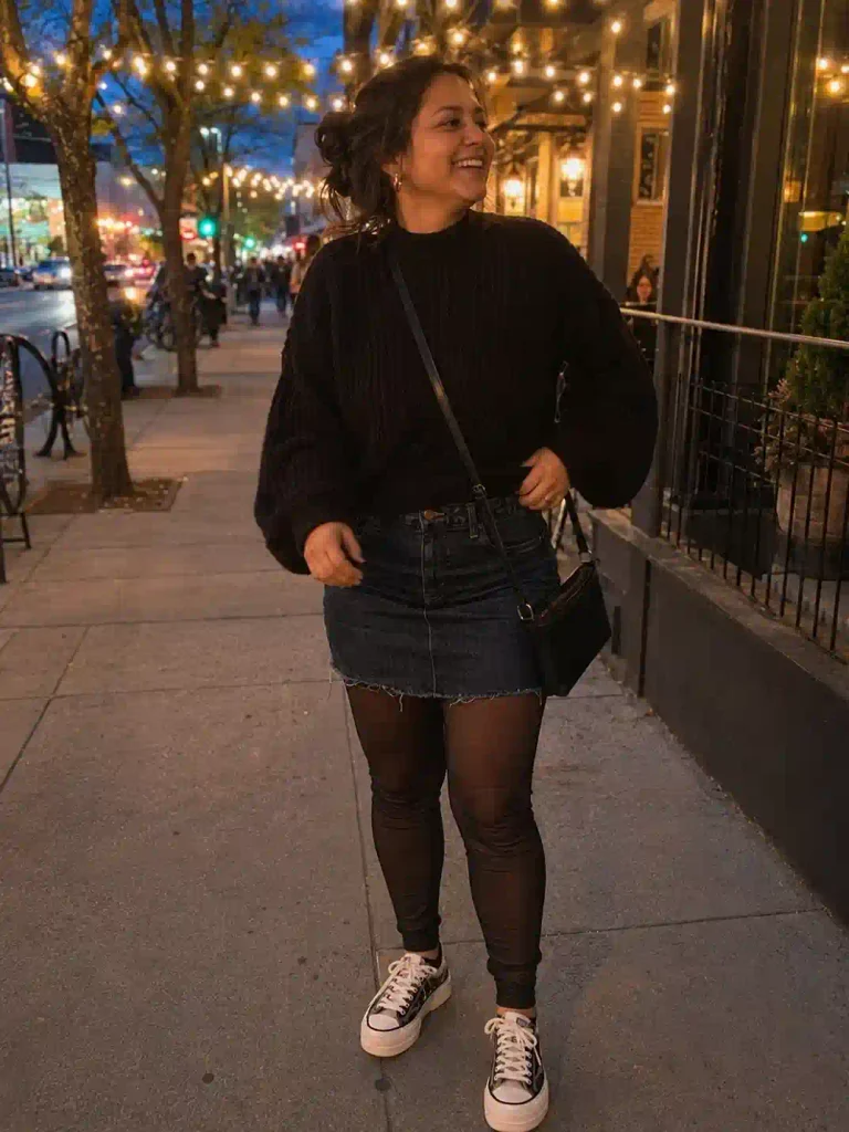 Denim mini skirt with sheer mesh