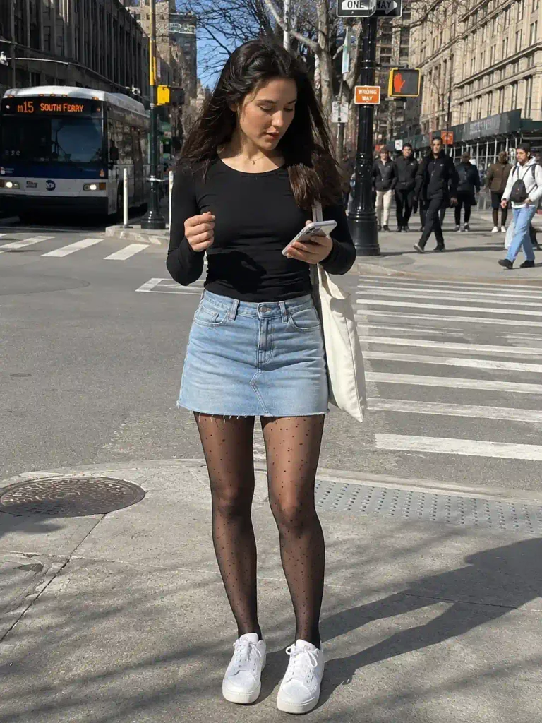 Denim mini with patterned