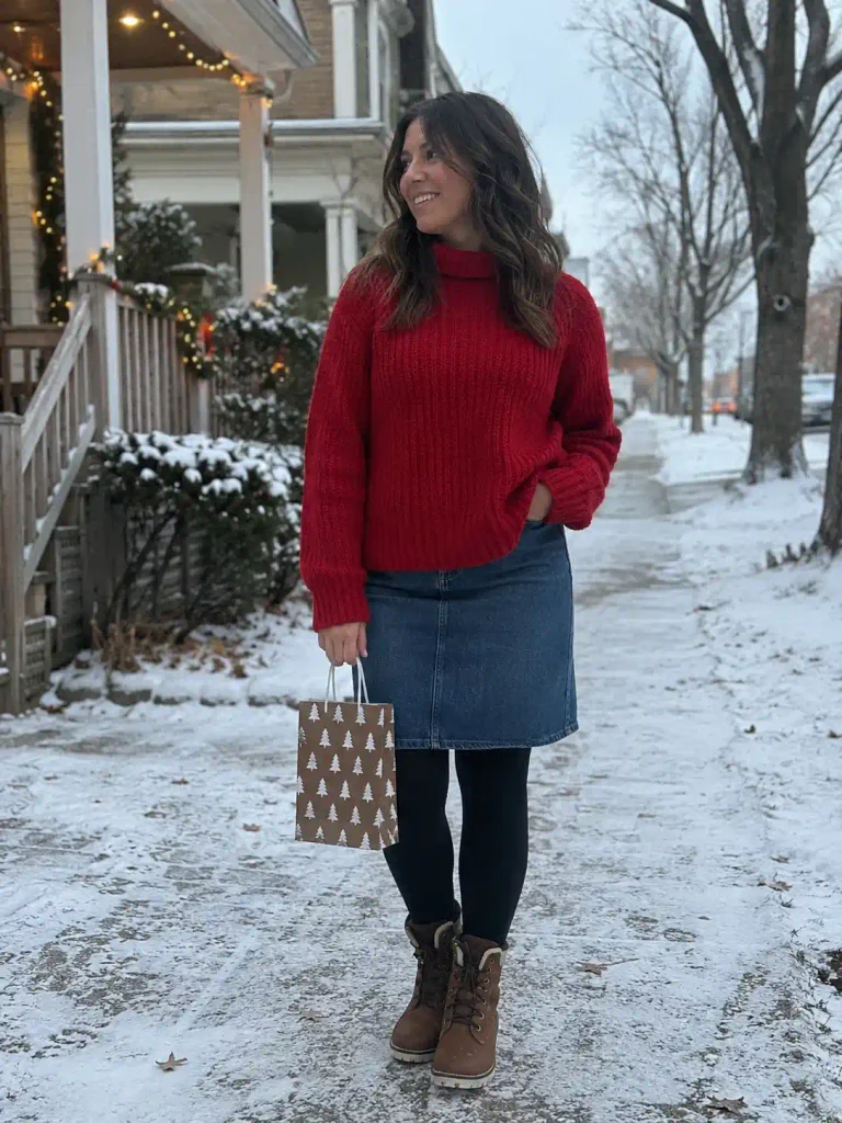 Denim skirt with a bold red sweater