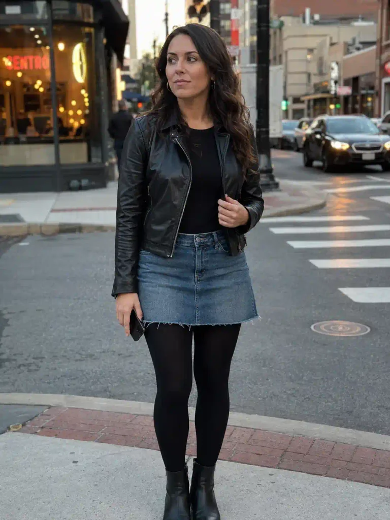 Denim skirt with a leather jacket