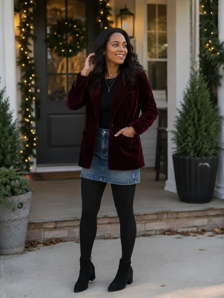 Denim skirt with a velvet blazer