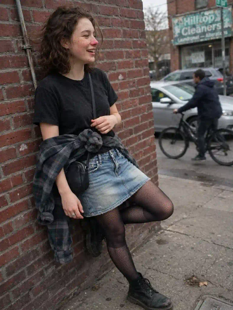 Denim skirt with fishnet