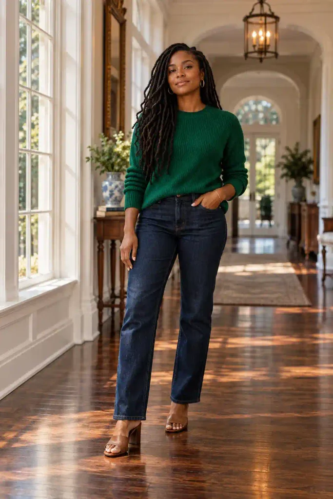 Emerald green sweater with dark denim