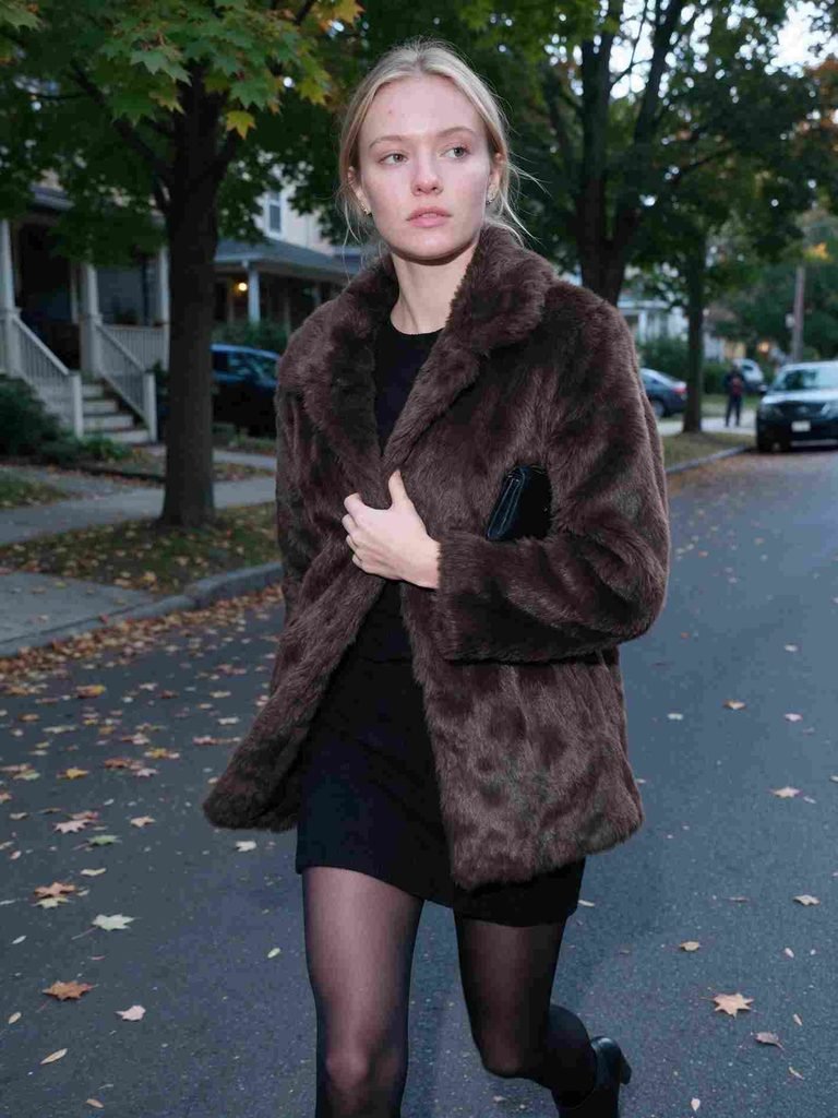 Faux fur coat with a little black dress