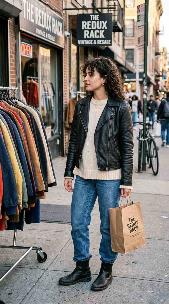 Faux leather jacket over a chunky knit