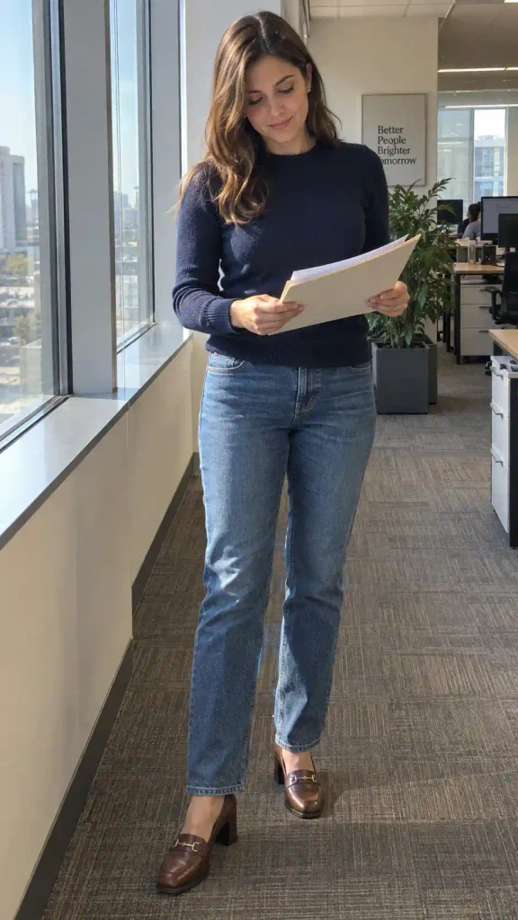 Fine-knit navy sweater with tailored