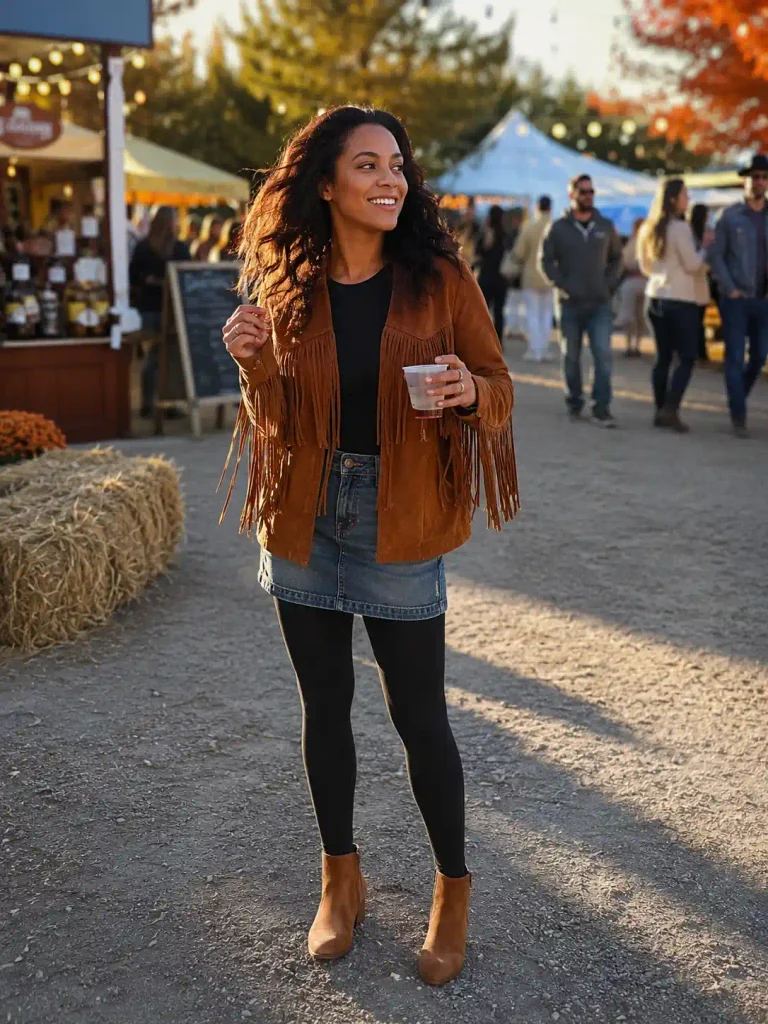 Fringe jacket over a denim skirt