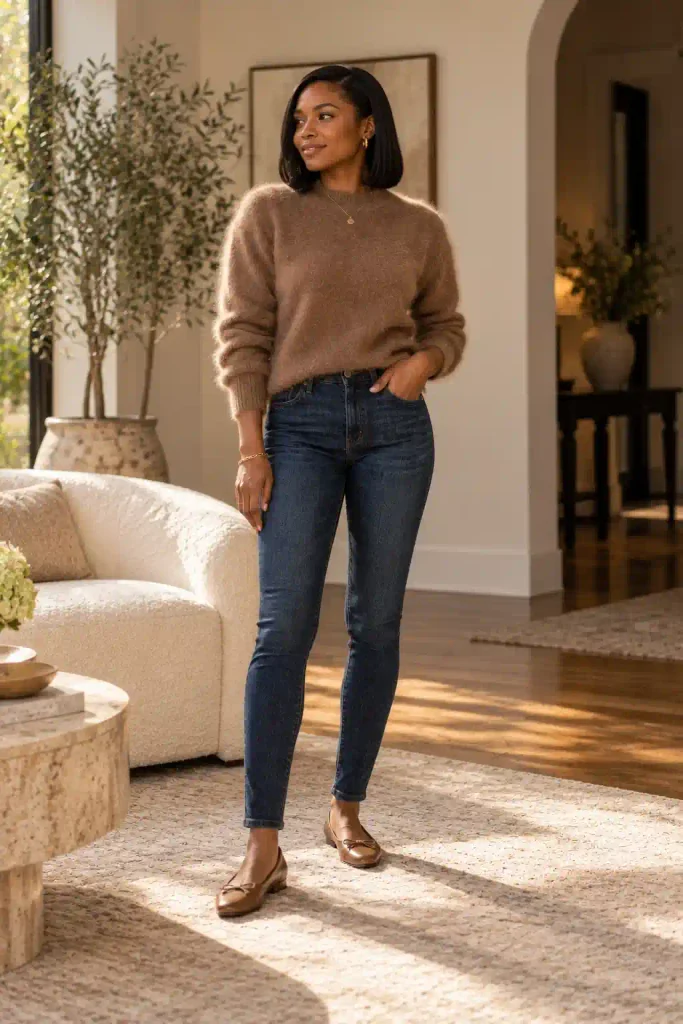 Fuzzy mohair sweater with skinny jeans