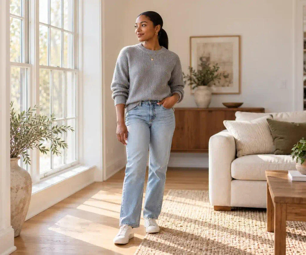 Grey ribbed sweater with light