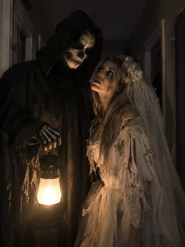Candid iPhone-style lifestyle photograph of an adult couple posing as a playful Halloween zombie-prom couple on a cozy residential porch at dusk. Both wear elegant formal prom attire with subtle distressed costume styling, slightly rumpled fabrics, vintage-inspired details, and tasteful theatrical accessories.

Their zombie look is created entirely with professional Halloween makeup: cool gray-green complexion tones, soft shadowing, smudged eye makeup, muted lips, subtle faux-aged skin effects, and clearly artificial cosmetic prosthetic details. The makeup should look like creative special-effects makeup for a costume party, with no realistic injury cues.

One person wears a wilted flower corsage; the other wears a slightly crooked plastic prom tiara. They stand close together in a relaxed, affectionate, spontaneous moment, with natural smiles and playful expressions rather than frightening poses.

Cozy porch setting with warm string lights, soft evening illumination, subtle autumn decorations, and gentle background bokeh. Authentic smartphone photography aesthetic, realistic skin texture, natural facial detail, imperfect candid framing, believable fabric texture, soft depth of field, mild smartphone grain, warm golden-hour color temperature, stylish aspirational Halloween-party atmosphere, contemporary lifestyle photography, photorealistic.

Keep the overall mood fun, charming, fashionable, and clearly costume-oriented. No blood, no wounds, no injuries, no gore, no weapons, no horror violence, no disturbing anatomy, no text, no logos, no watermarks.

