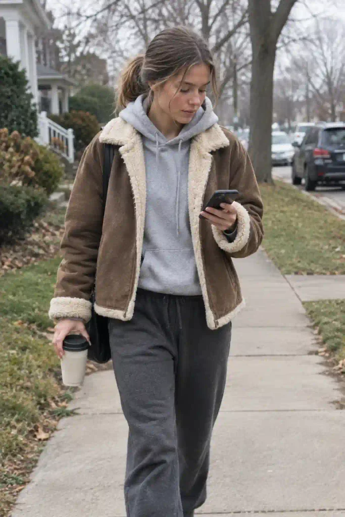 Hoodie + shearling-lined jacket + joggers