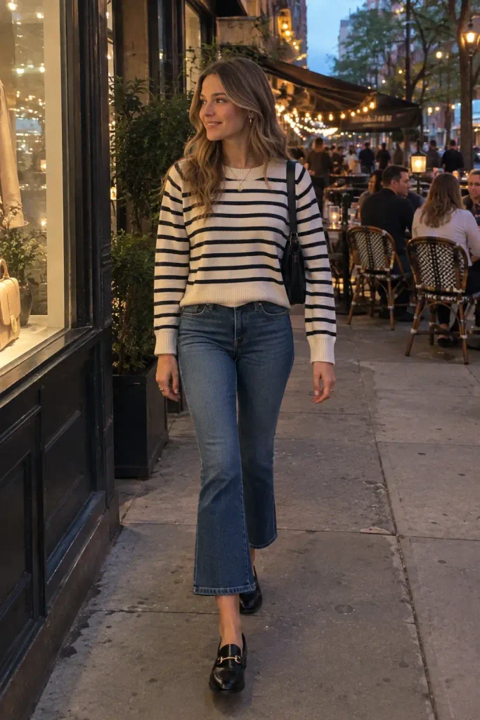 Kick-flare jeans with a striped sweater