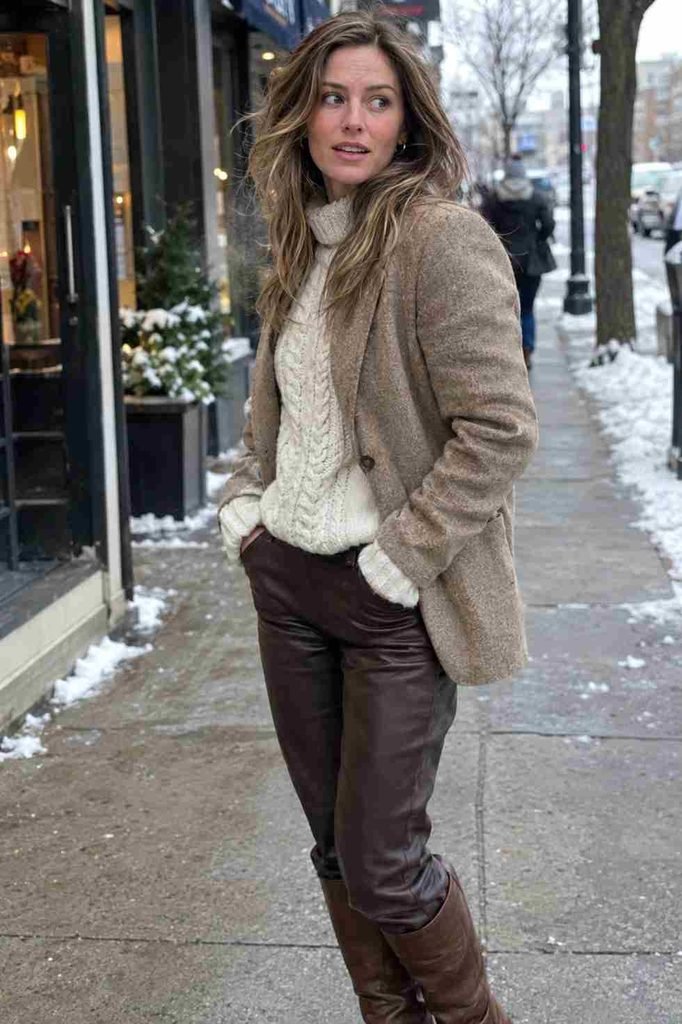 Layered over a chunky cable knit sweater