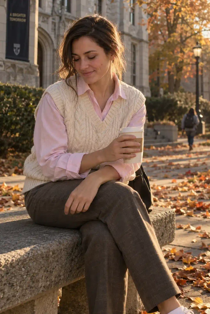 Layered under a knit vest