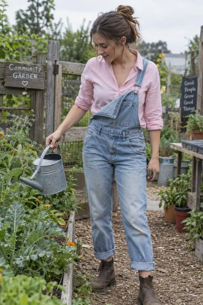 Layered under denim overalls