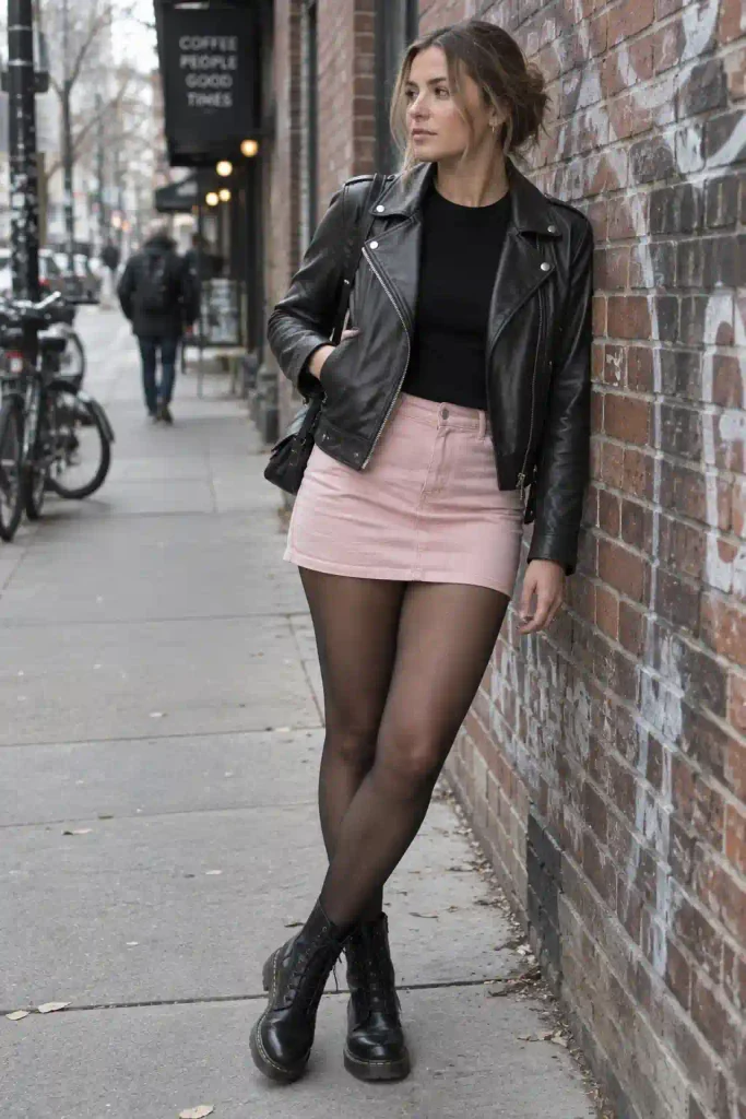 Leather jacket and tights