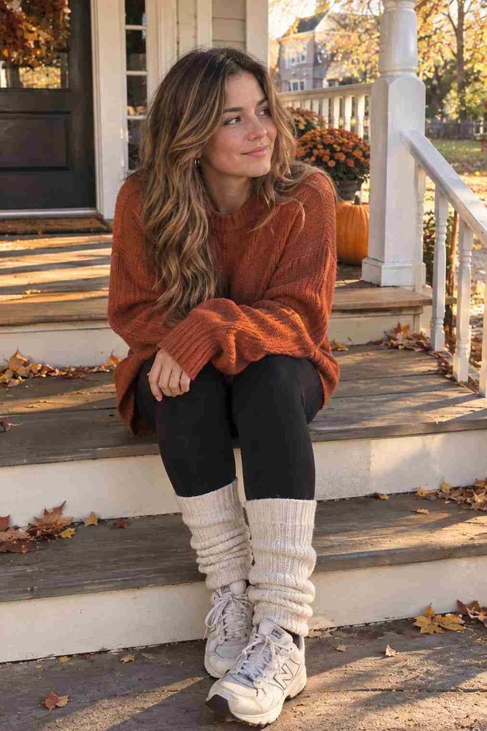 Leg warmers over leggings with an oversized sweater