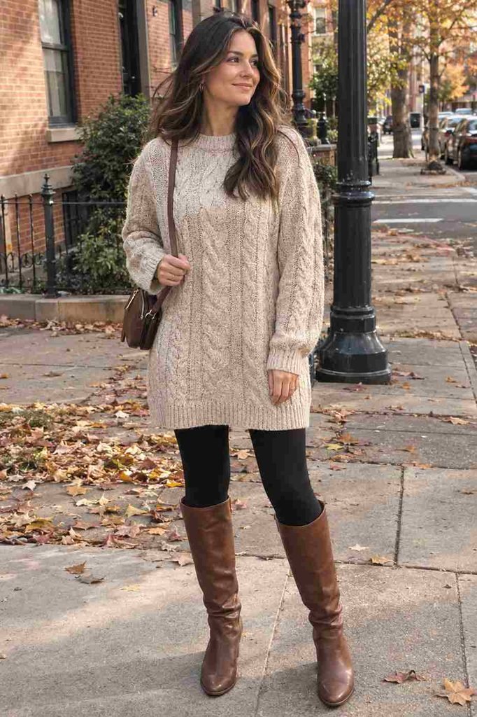 Leggings paired with a cable-knit sweater dress and knee-high boots
