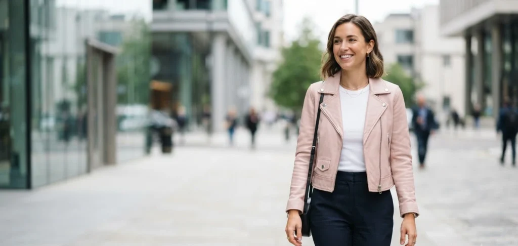 Light pink leather jacket outfit