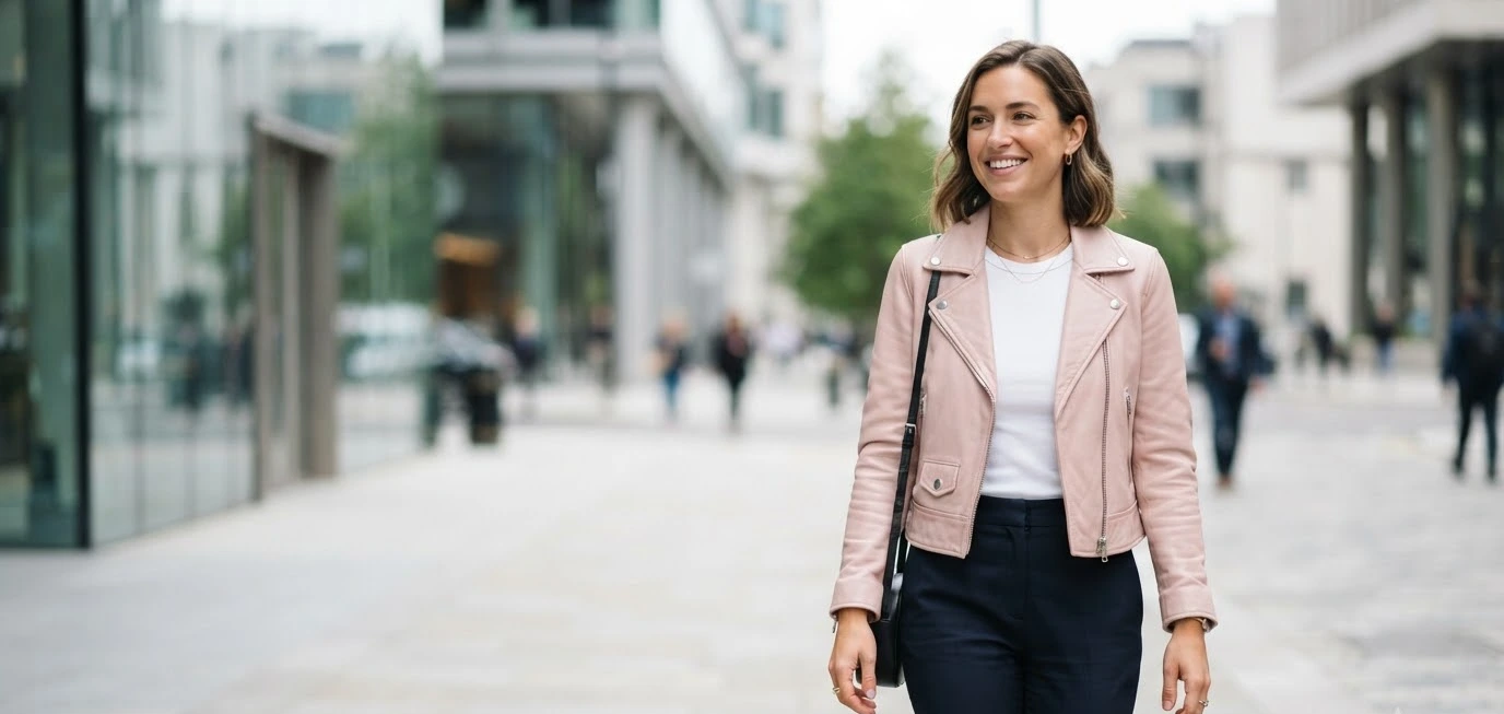 Light pink leather jacket outfit
