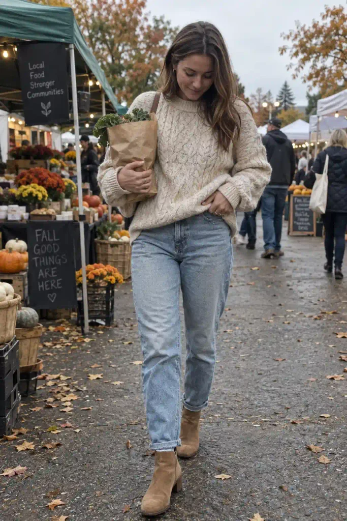 Light wash mom jeans with tan