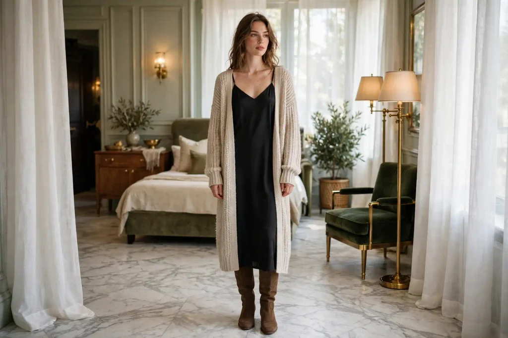 Long cardigan worn open