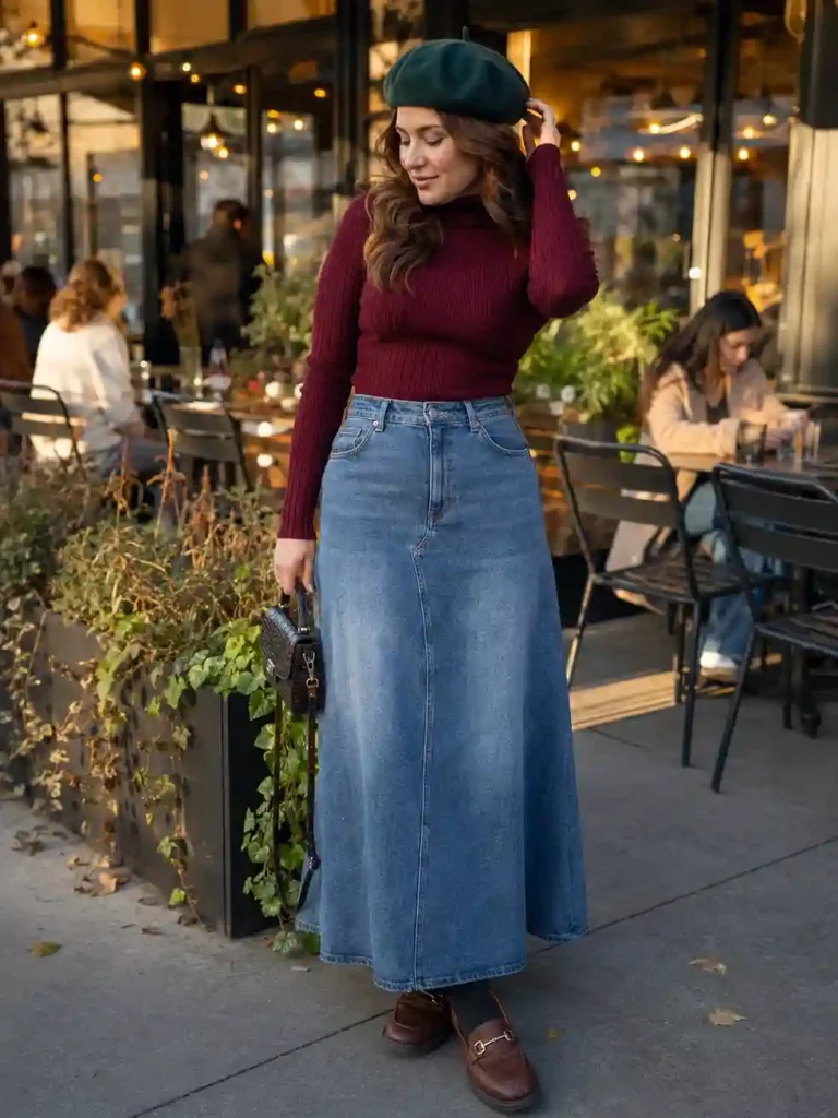 Long denim skirt with a turtleneck and beret