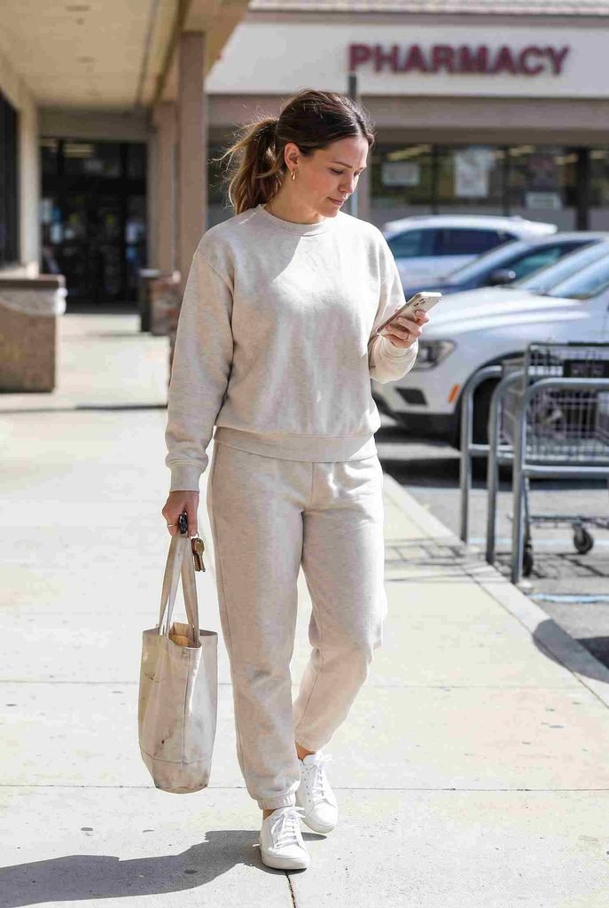 Matching sweatsuit in a neutral shade