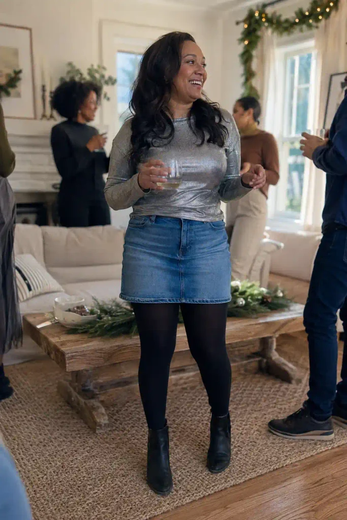 Metallic top with a denim