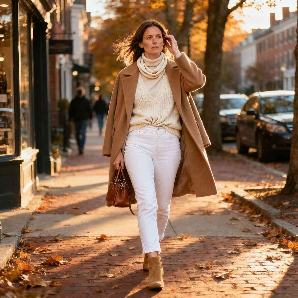 Monochrome white jeans and an ivory vest