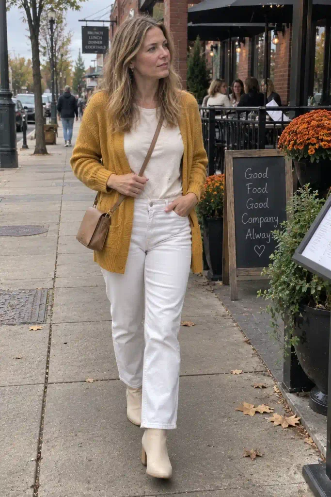 Mustard cardigan with white jeans
