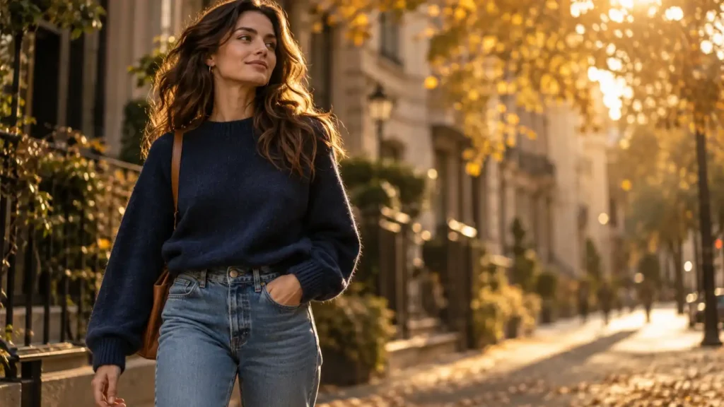 Navy Sweater And Jeans Outfit