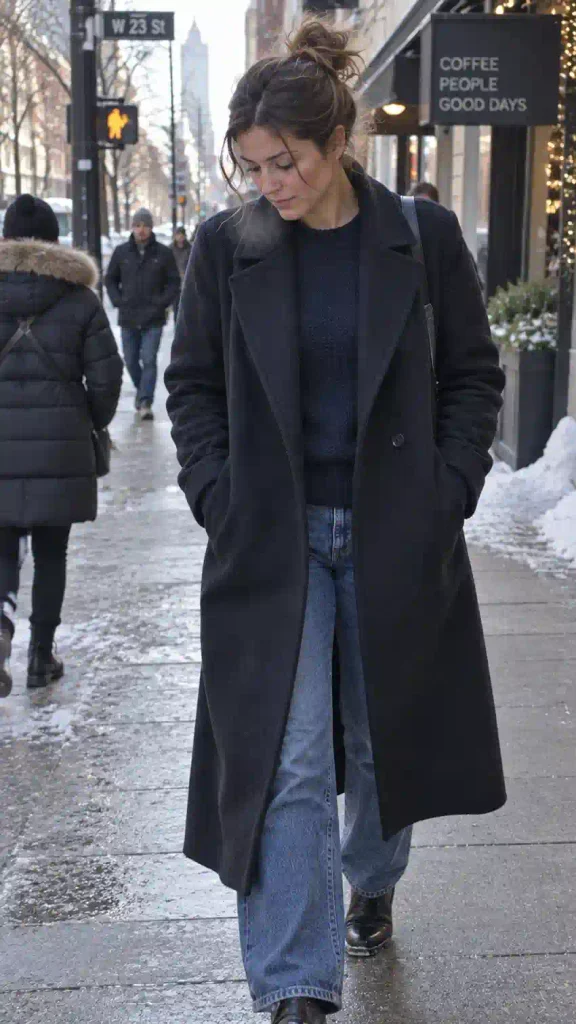 Navy sweater under a long wool coat