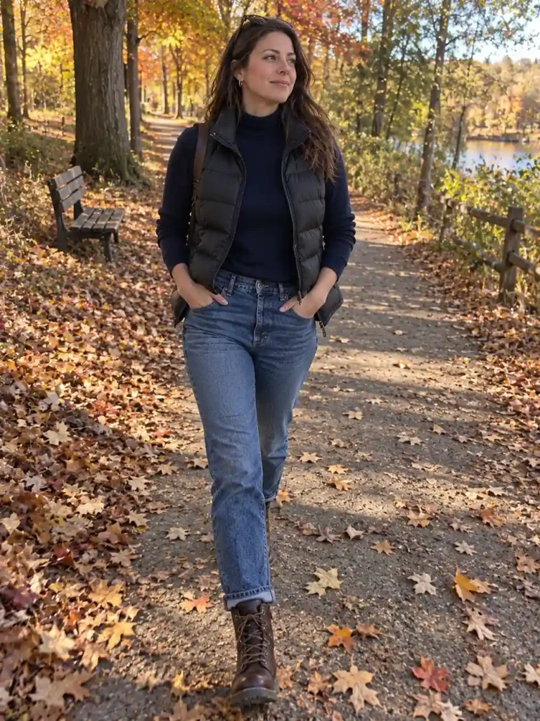 Navy sweater under a puffer