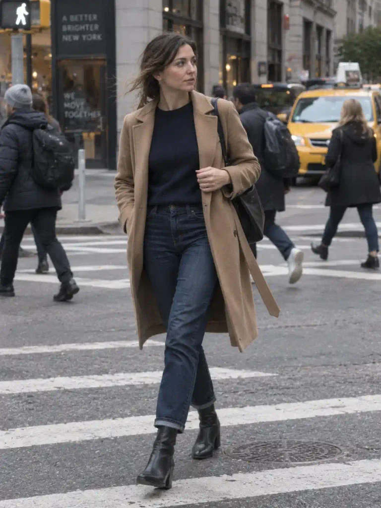 Navy sweater under a trench