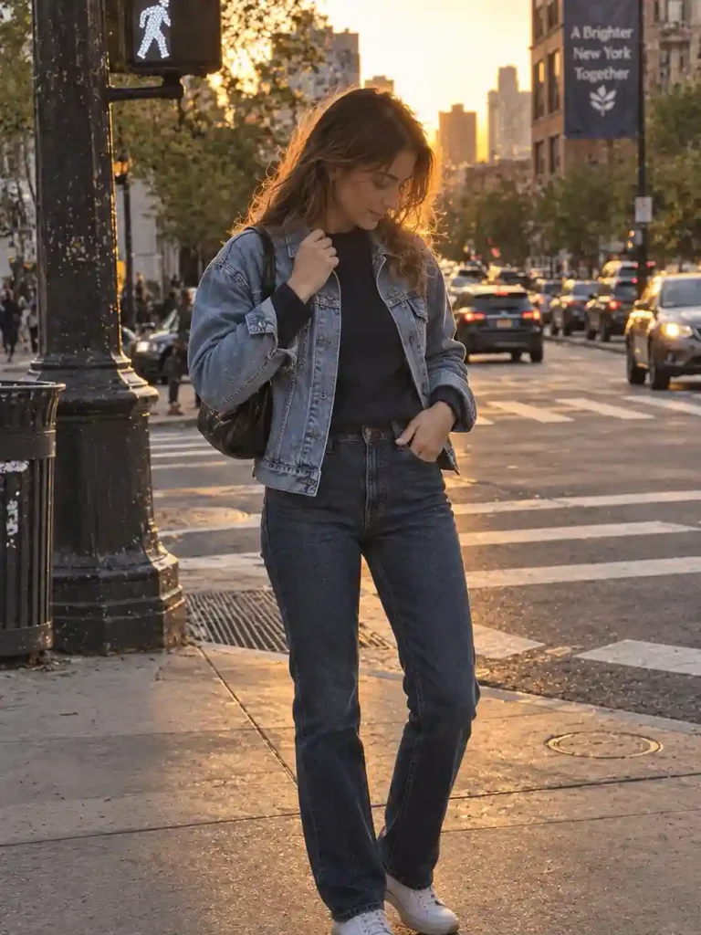 Navy sweater with a denim jacket layered
