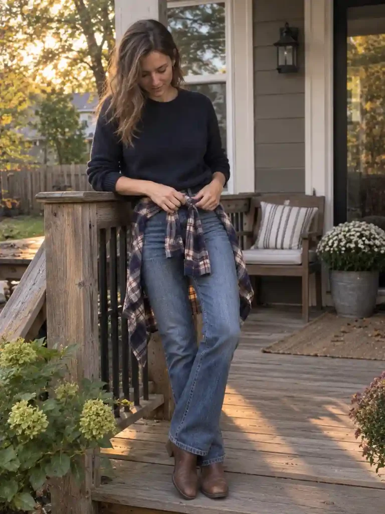 Navy sweater with a flannel shirt