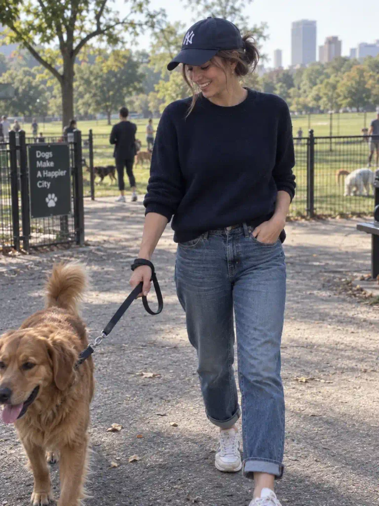 Navy sweater with boyfriend jeans