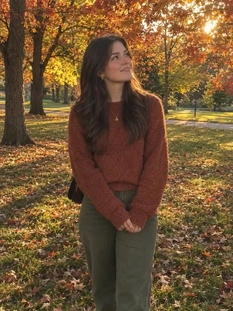 Olive jeans with a rust