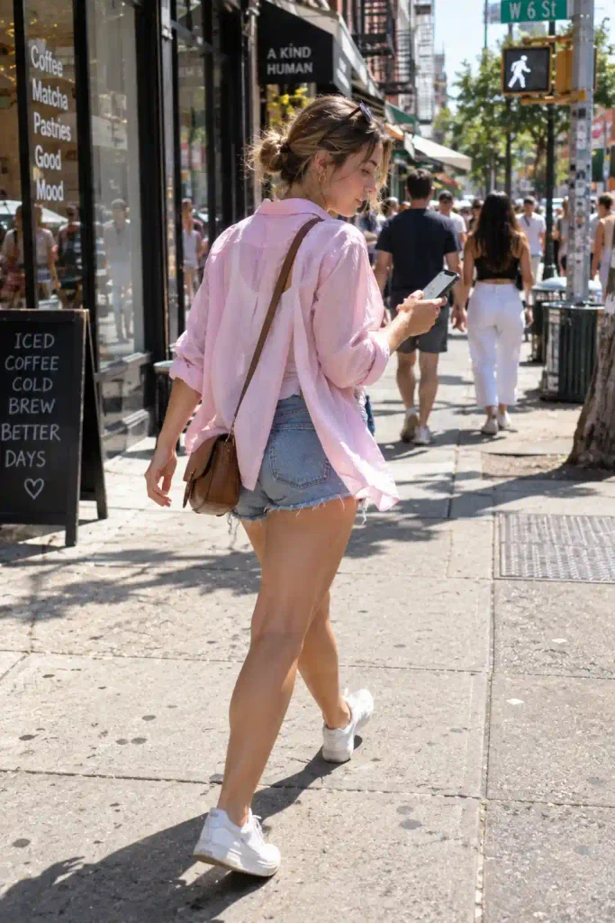 Open over a white tank and denim shorts