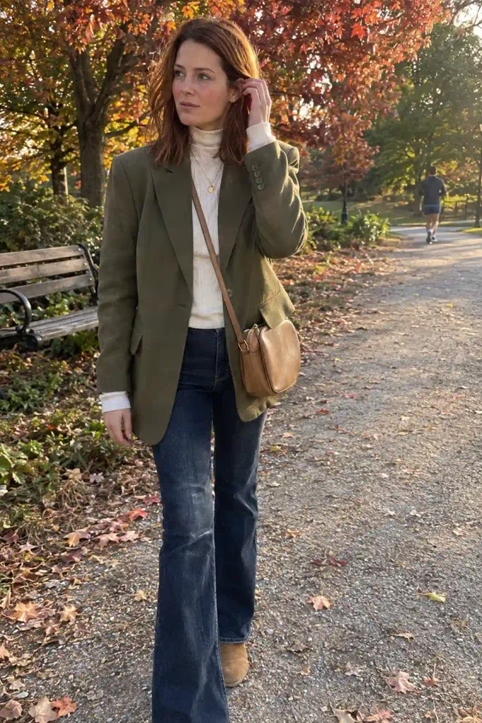 Oversized blazer over a knit midi dress