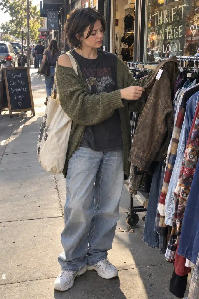 Oversized cardigan with a graphic tee and baggy jeans