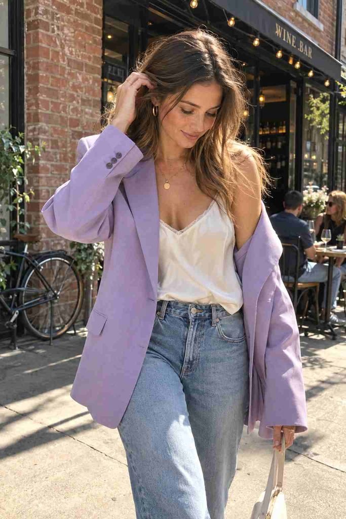 Oversized pastel blazer over a slip cami
