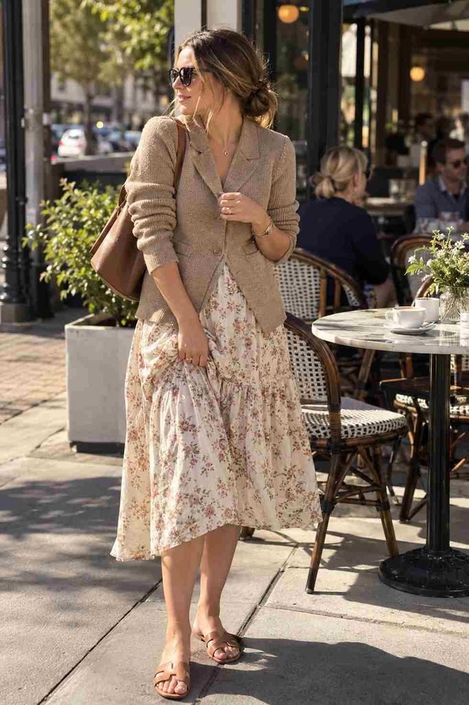 Paired with a printed midi skirt